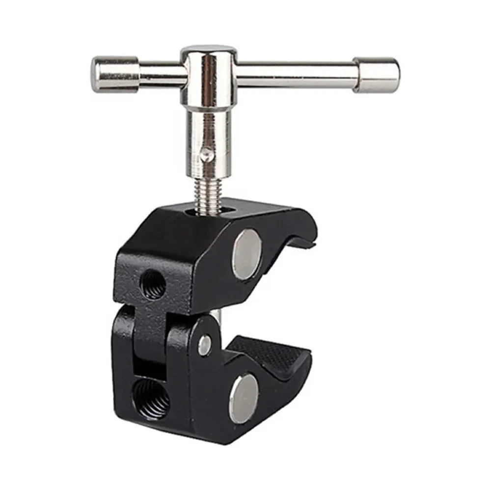 Black metal super clamp with T-handle screw, front view